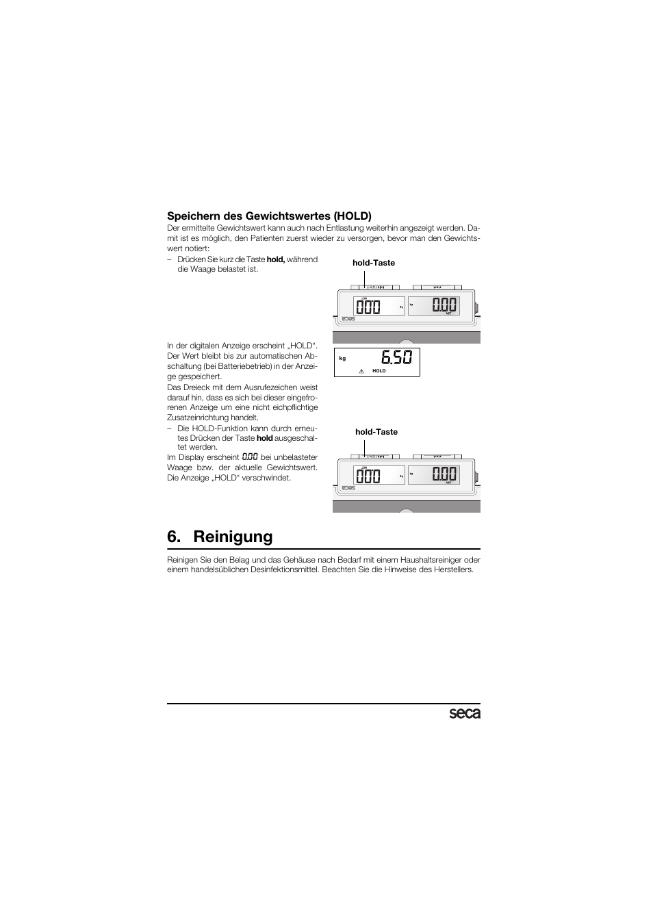 Speichern des gewichtswertes (hold), Reinigung | Seca 878 User Manual | Page 8 / 139