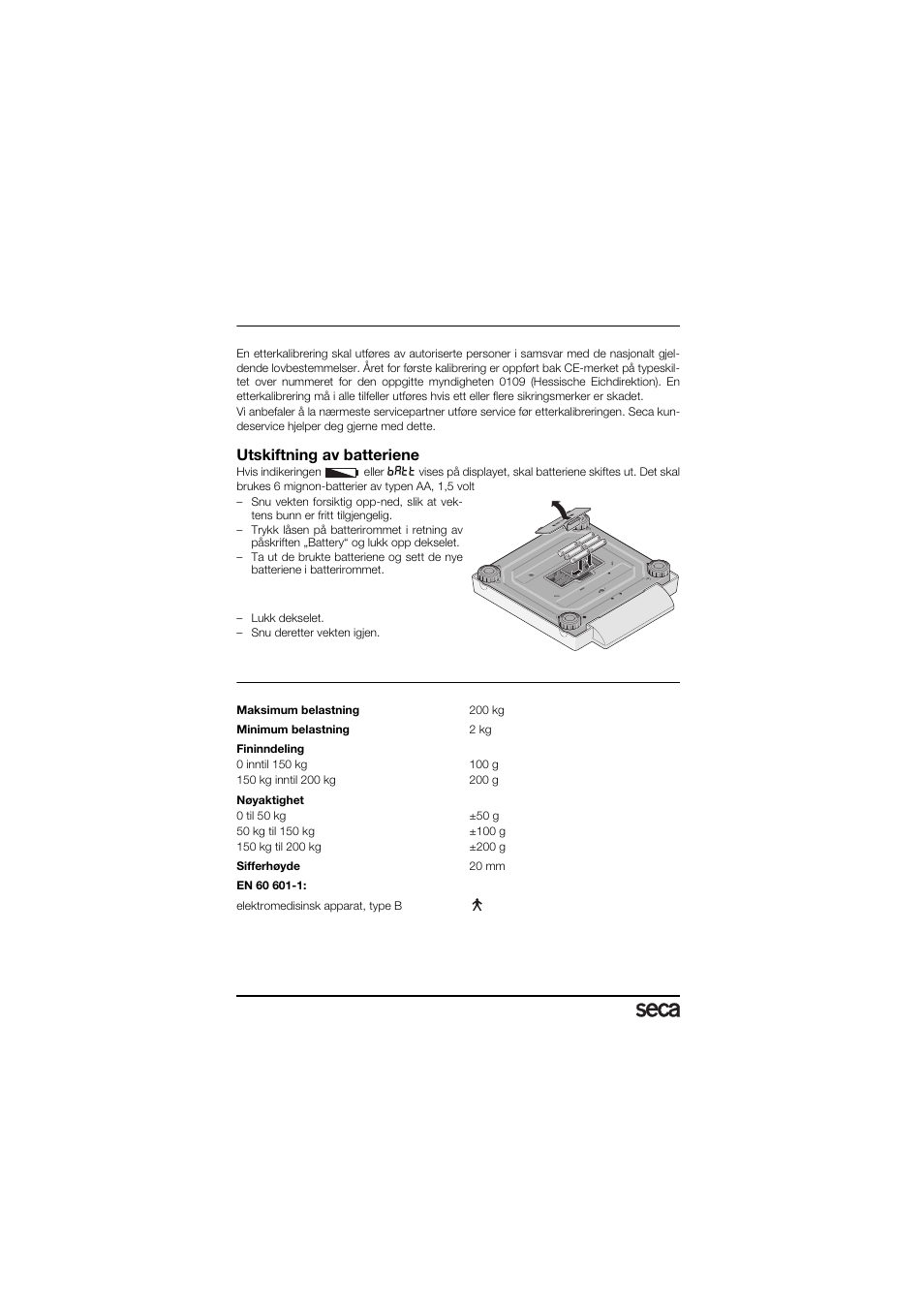 Vedlikehold/etterkalibrering, Utskiftning av batteriene, Tekniske data | Seca 878 User Manual | Page 80 / 139
