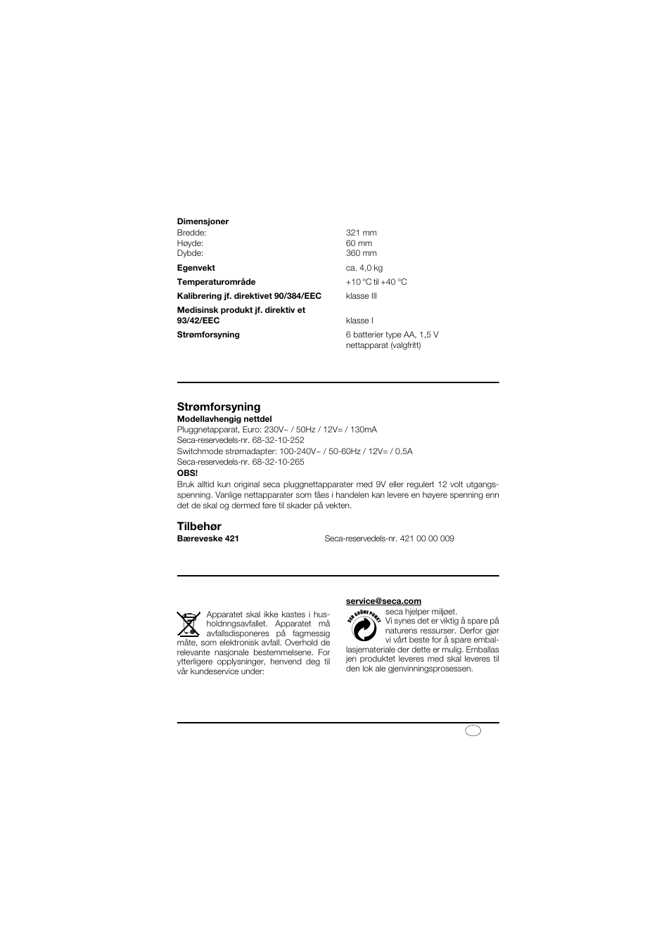 Reservedeler og tilbehør, Strømforsyning, Tilbehør | Avfallsbehandling, Destruksjon av apparatet | Seca 878 User Manual | Page 81 / 139