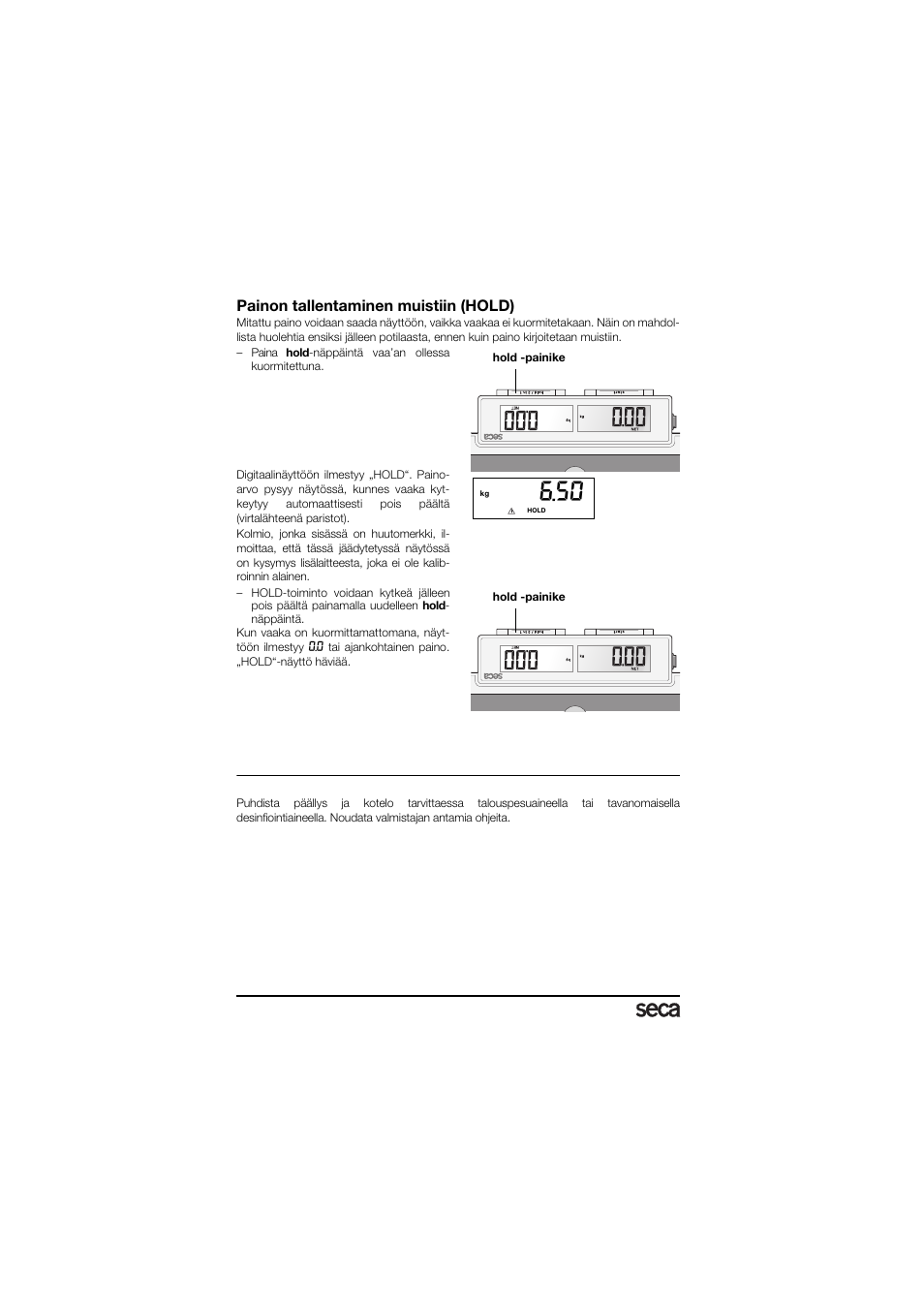 Painon tallentaminen muistiin (hold), Puhdistus | Seca 878 User Manual | Page 88 / 139