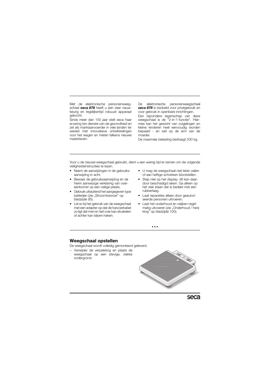 Hartelijke gefeliciteerd, Veiligheid, Voor u kunt beginnen | Weegschaal opstellen | Seca 878 User Manual | Page 94 / 139