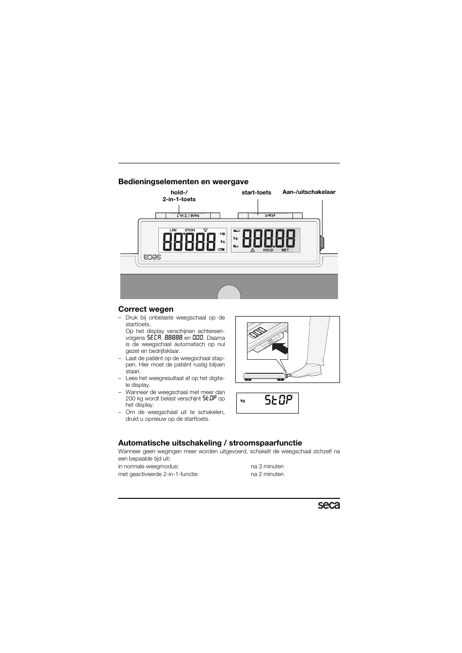 Bediening, Bedieningselementen en weergave, Correct wegen | Automatische uitschakeling / stroomspaarfunctie, St0p | Seca 878 User Manual | Page 96 / 139