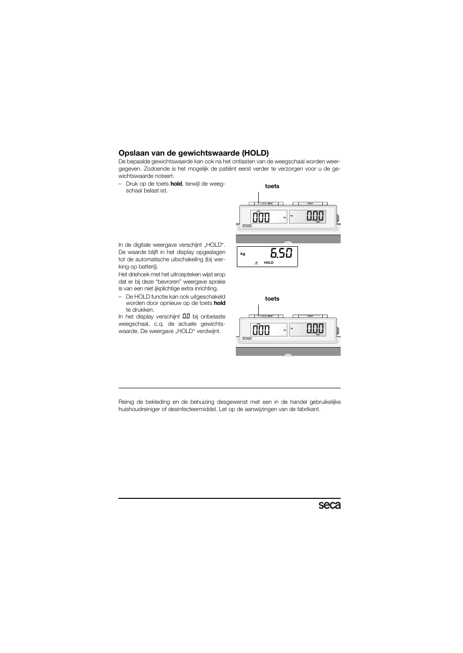 Opslaan van de gewichtswaarde (hold), Reiniging | Seca 878 User Manual | Page 98 / 139