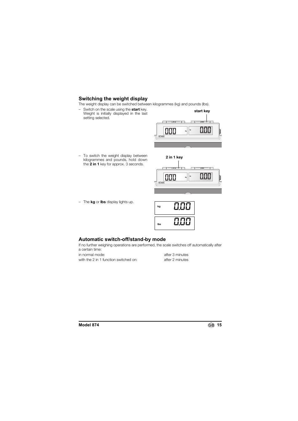 Switching the weight display, Automatic switch-off/stand-by mode | Seca 874 User Manual | Page 15 / 65