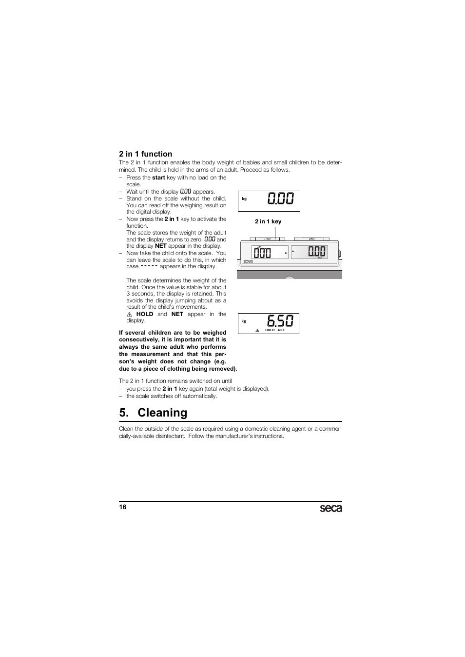 2 in 1 function, Cleaning | Seca 874 User Manual | Page 16 / 65