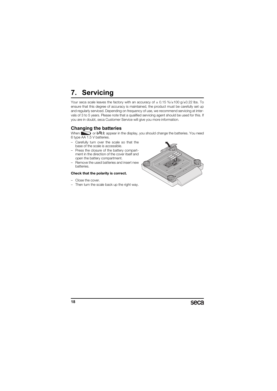 Servicing, Changing the batteries | Seca 874 User Manual | Page 18 / 65