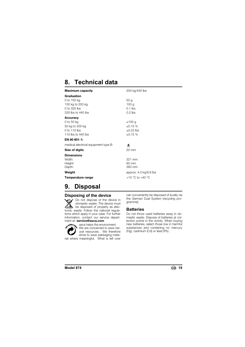 Technical data, Disposal, Disposing of the device | Batteries | Seca 874 User Manual | Page 19 / 65