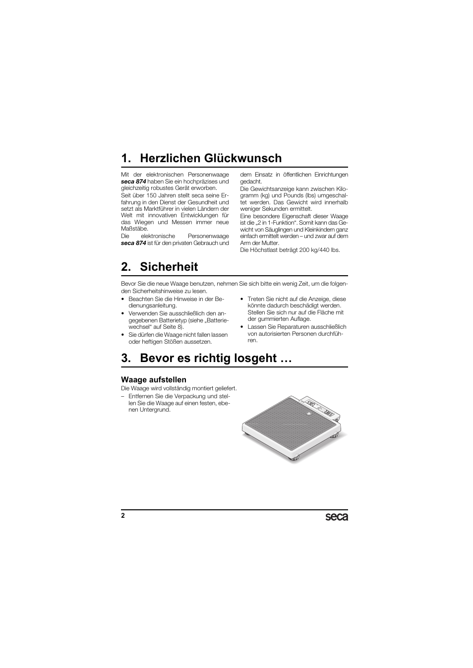 Deutsch, Herzlichen glückwunsch, Sicherheit | Bevor es richtig losgeht, Waage aufstellen | Seca 874 User Manual | Page 2 / 65
