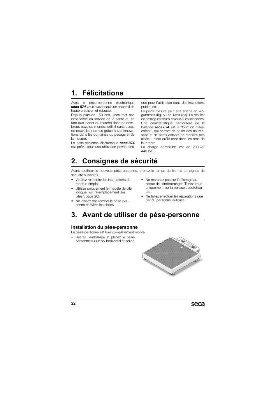 Français, Félicitations, Consignes de sécurité | Avant de utiliser de pèse-personne, Installation du pèse-personne | Seca 874 User Manual | Page 22 / 65