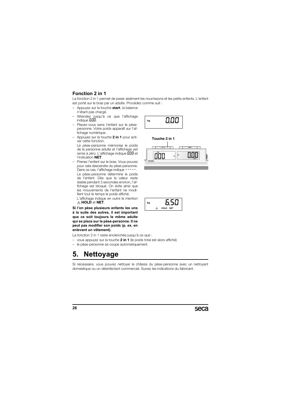 Fonction 2 in 1, Nettoyage | Seca 874 User Manual | Page 26 / 65