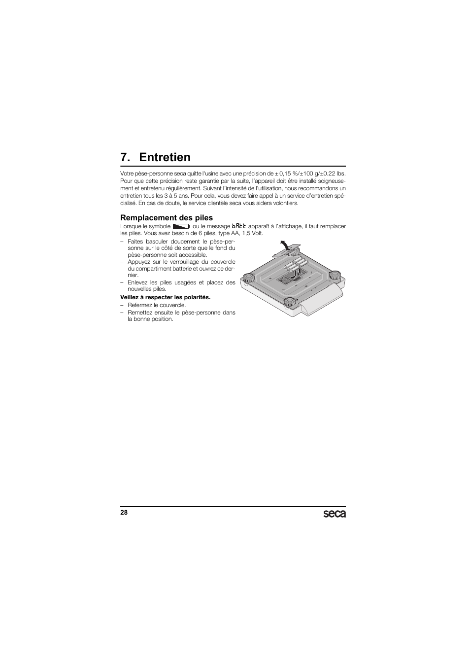 Entretien, Remplacement des piles | Seca 874 User Manual | Page 28 / 65
