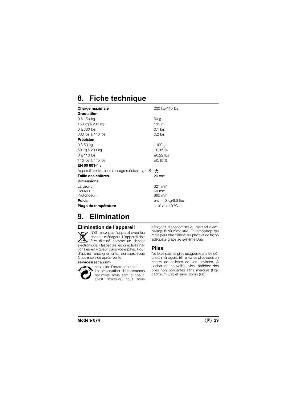 Fiche technique, Elimination, Elimination de l’appareil | Piles | Seca 874 User Manual | Page 29 / 65