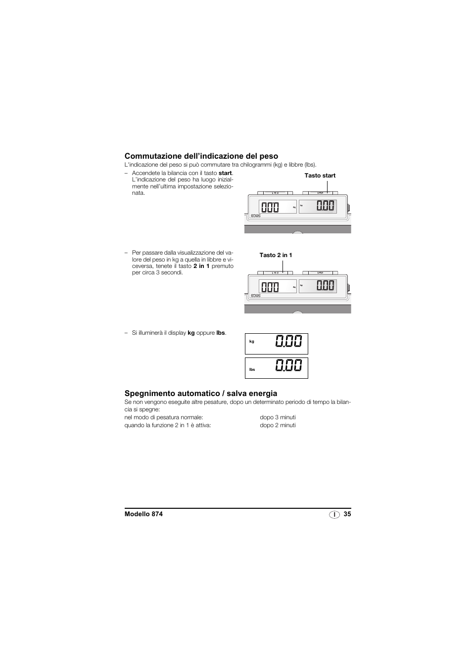 Commutazione dell’indicazione del peso, Spegnimento automatico / salva energia | Seca 874 User Manual | Page 35 / 65