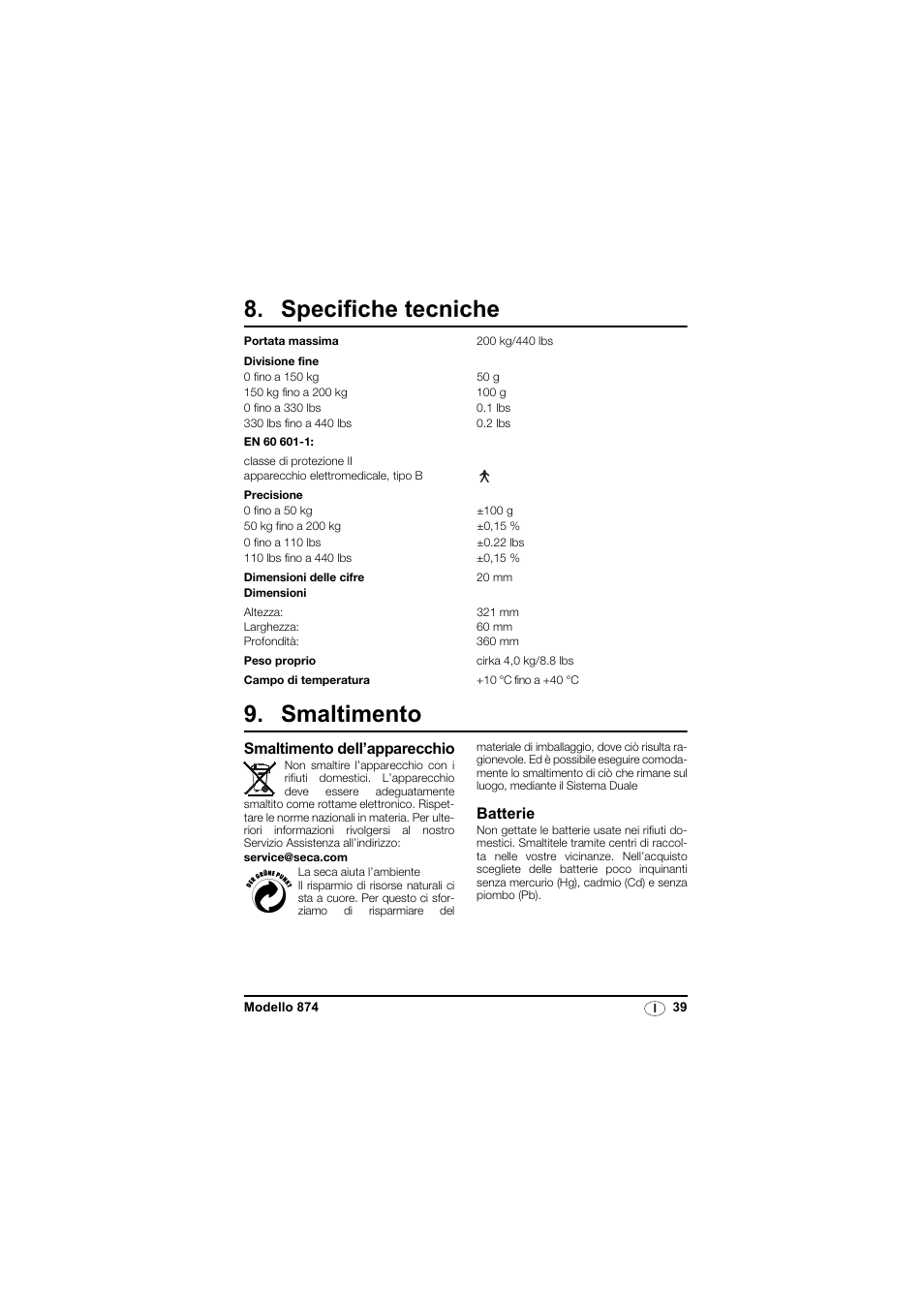 Specifiche tecniche, Smaltimento, Smaltimento dell’apparecchio | Batterie | Seca 874 User Manual | Page 39 / 65