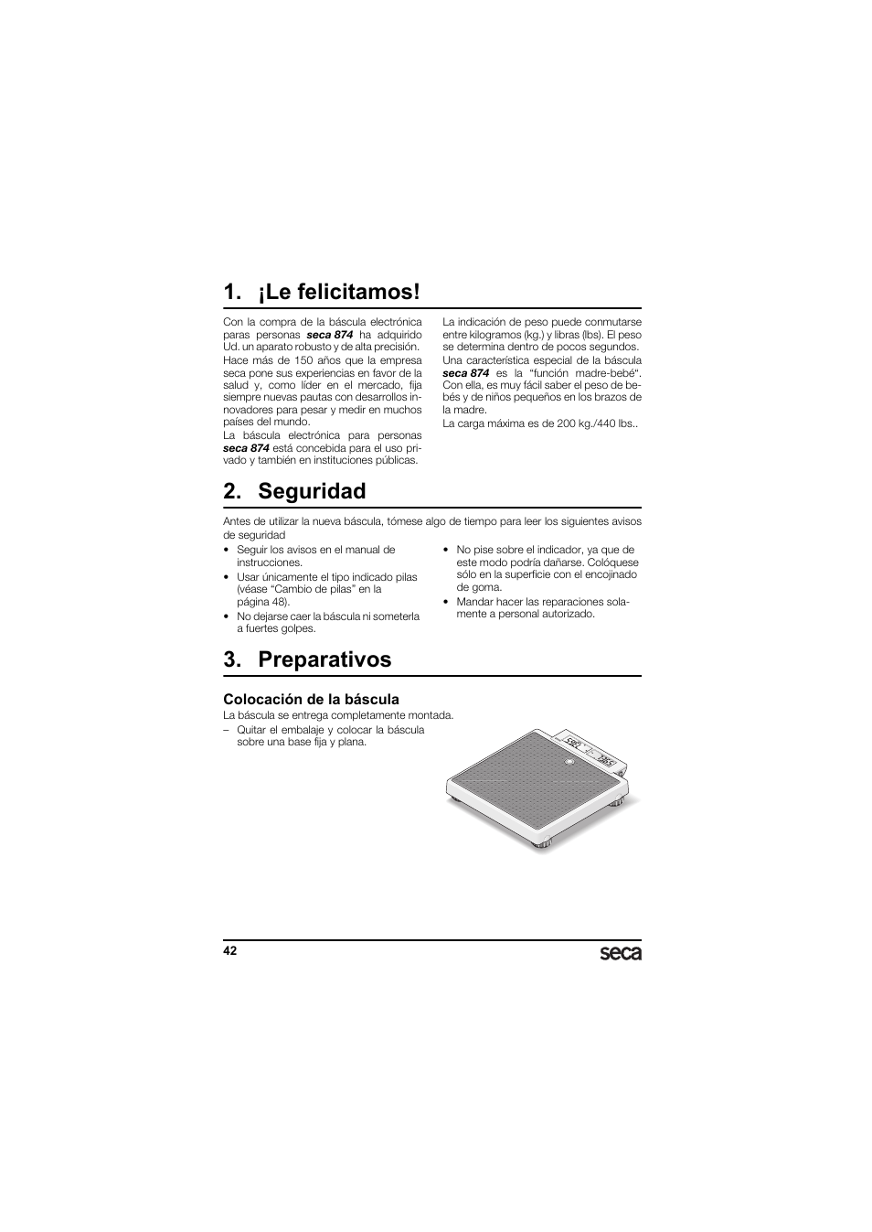 Español, ¡le felicitamos, Seguridad | Preparativos, Colocación de la báscula | Seca 874 User Manual | Page 42 / 65