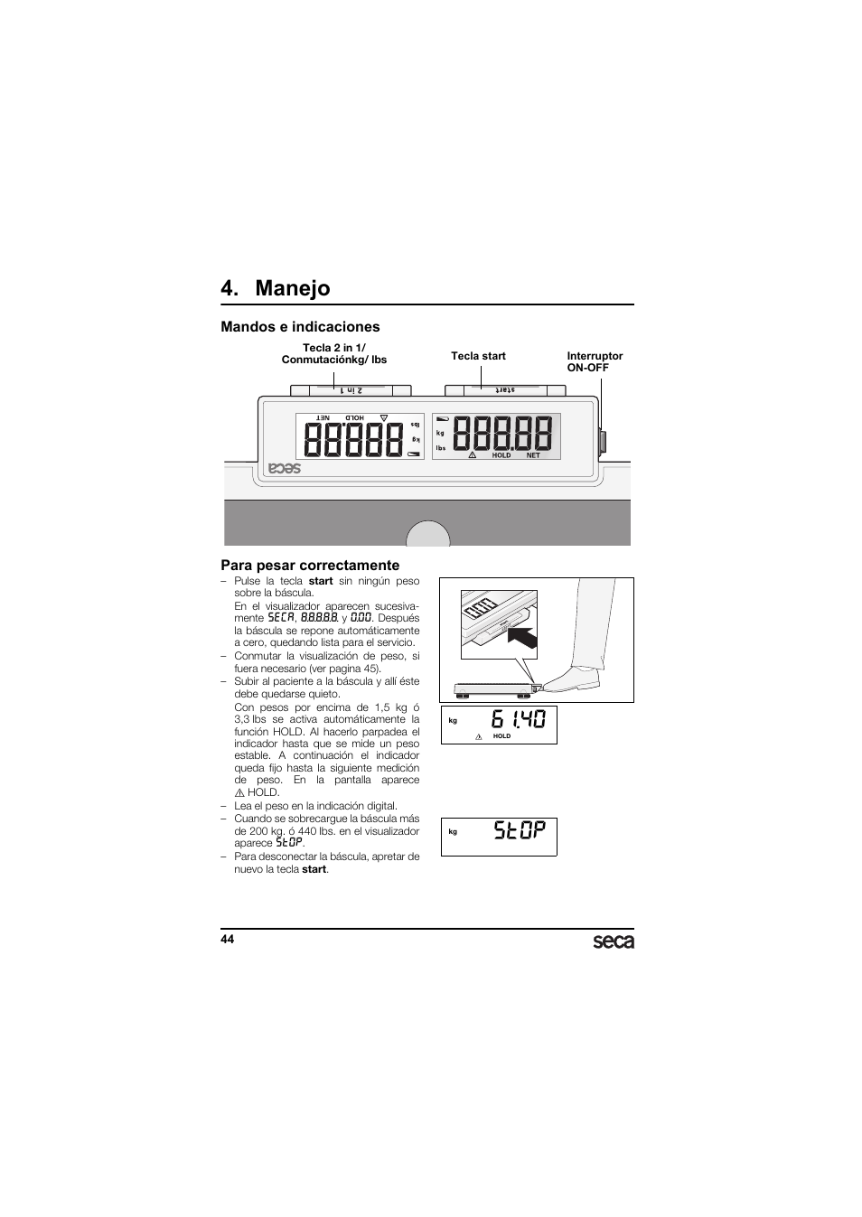 Manejo, Mandos e indicaciones, Para pesar correctamente | St0p | Seca 874 User Manual | Page 44 / 65