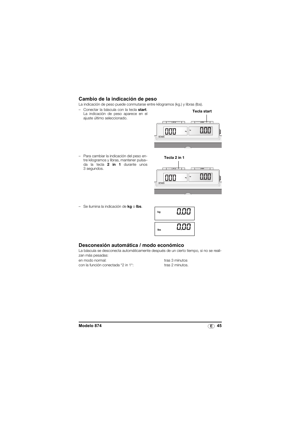 Cambio de la indicación de peso, Desconexión automática / modo económico | Seca 874 User Manual | Page 45 / 65