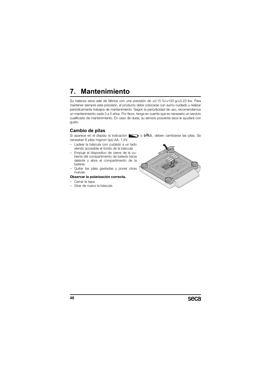 Mantenimiento, Cambio de pilas | Seca 874 User Manual | Page 48 / 65