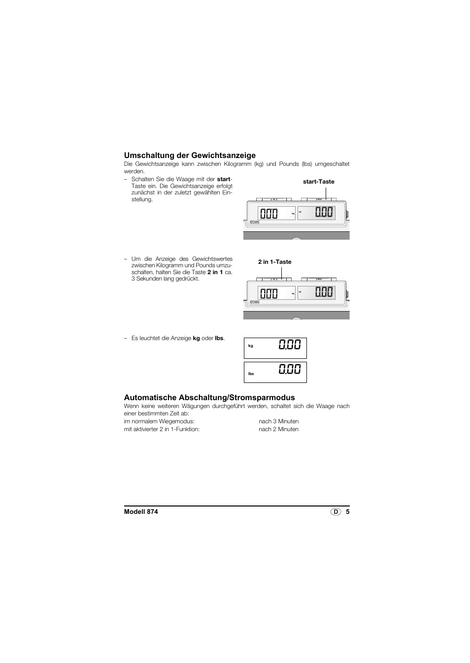 Umschaltung der gewichtsanzeige, Automatische abschaltung/stromsparmodus | Seca 874 User Manual | Page 5 / 65