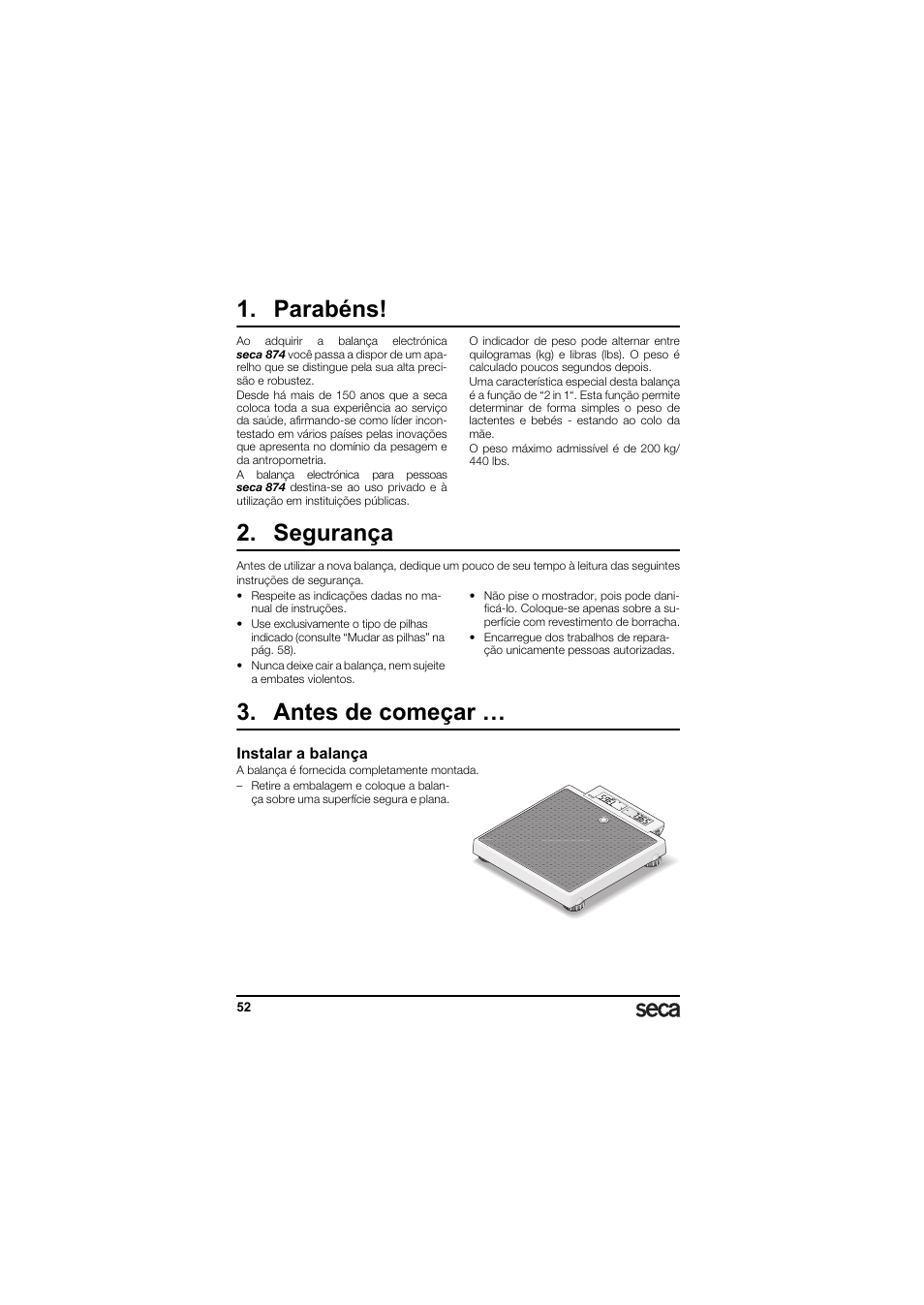 Português, Parabéns, Segurança | Antes de começar, Instalar a balança | Seca 874 User Manual | Page 52 / 65
