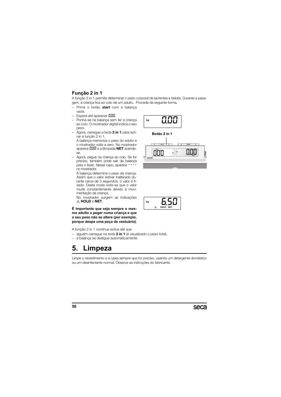 Função 2 in 1, Limpeza | Seca 874 User Manual | Page 56 / 65