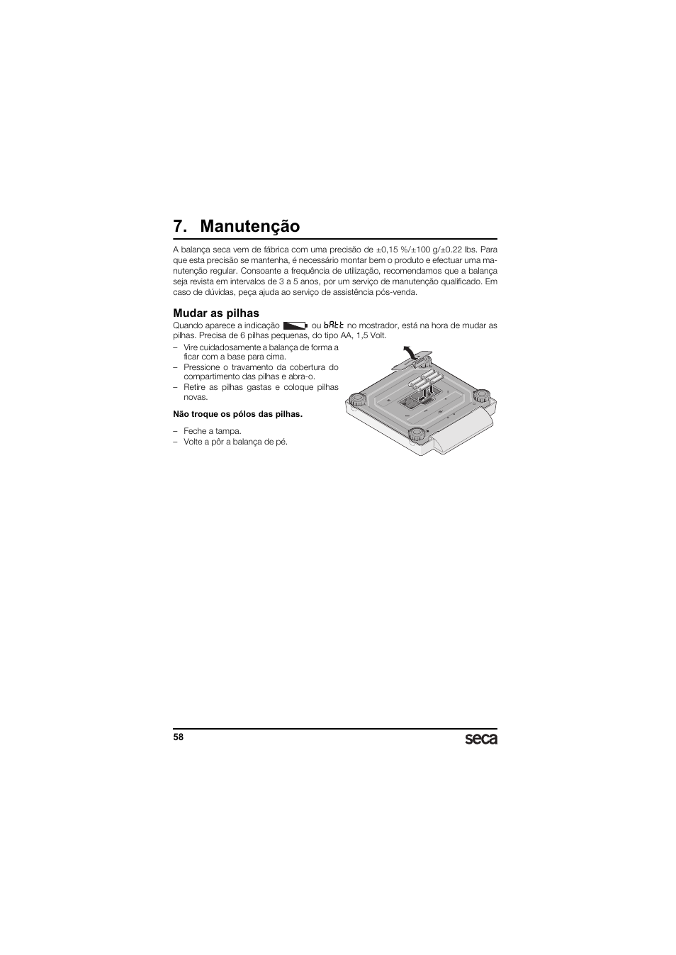 Manutenção, Mudar as pilhas | Seca 874 User Manual | Page 58 / 65