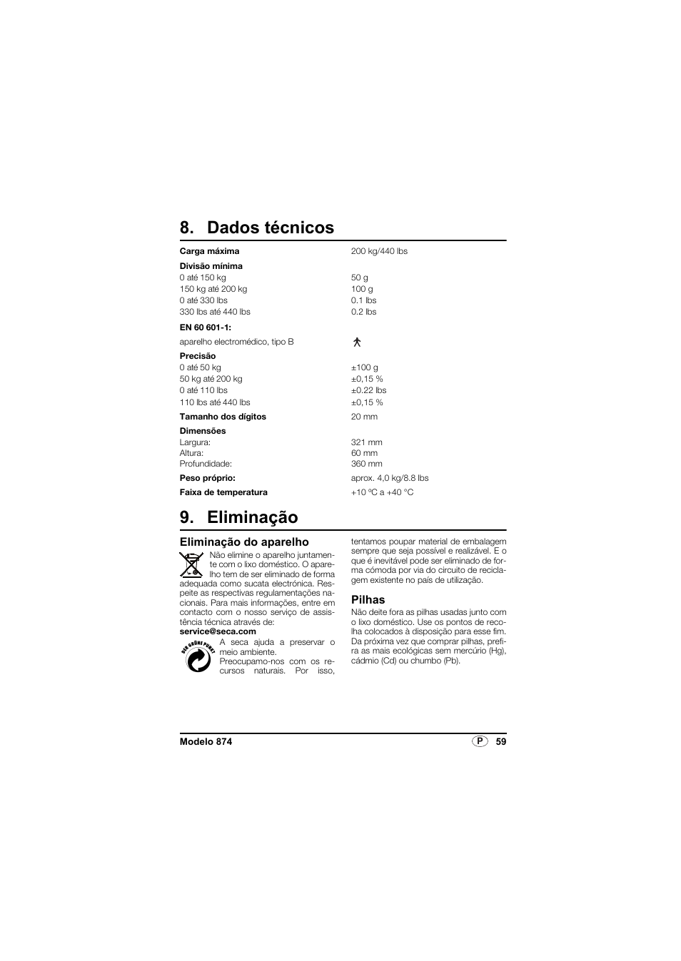 Dados técnicos, Eliminação, Eliminação do aparelho | Pilhas | Seca 874 User Manual | Page 59 / 65