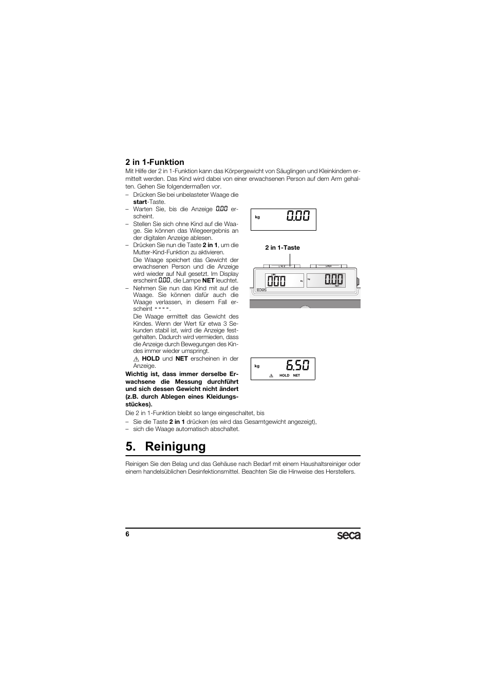 2 in 1-funktion, Reinigung | Seca 874 User Manual | Page 6 / 65