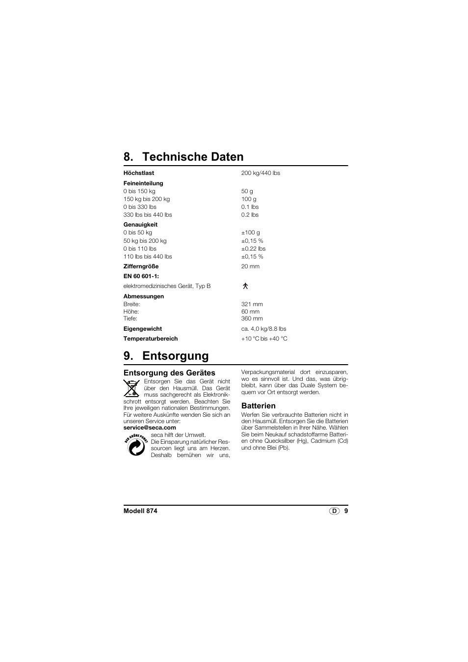 Technische daten, Entsorgung, Entsorgung des gerätes | Batterien | Seca 874 User Manual | Page 9 / 65