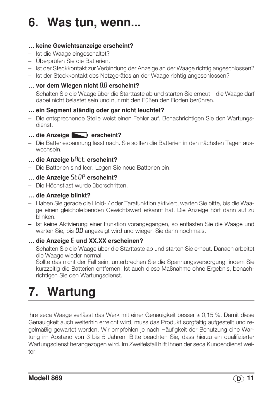 Was tun, wenn, Wartung, Siehe | Tung, Auf seite, Durchführen (siehe „wartung“ auf seite 11) | Seca 869 User Manual | Page 11 / 102
