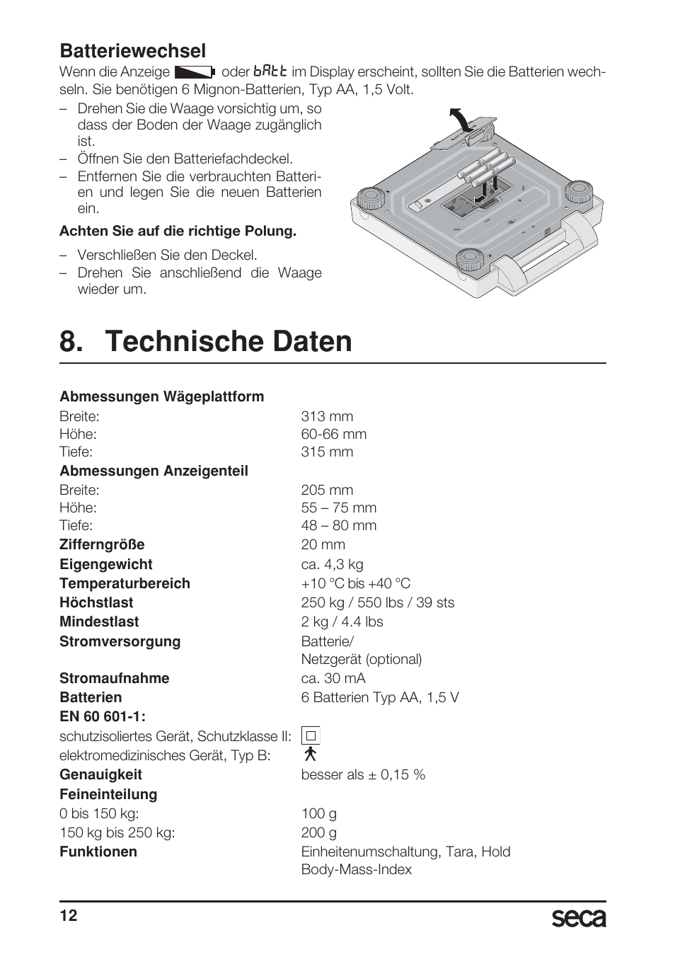 Batteriewechsel, Technische daten | Seca 869 User Manual | Page 12 / 102