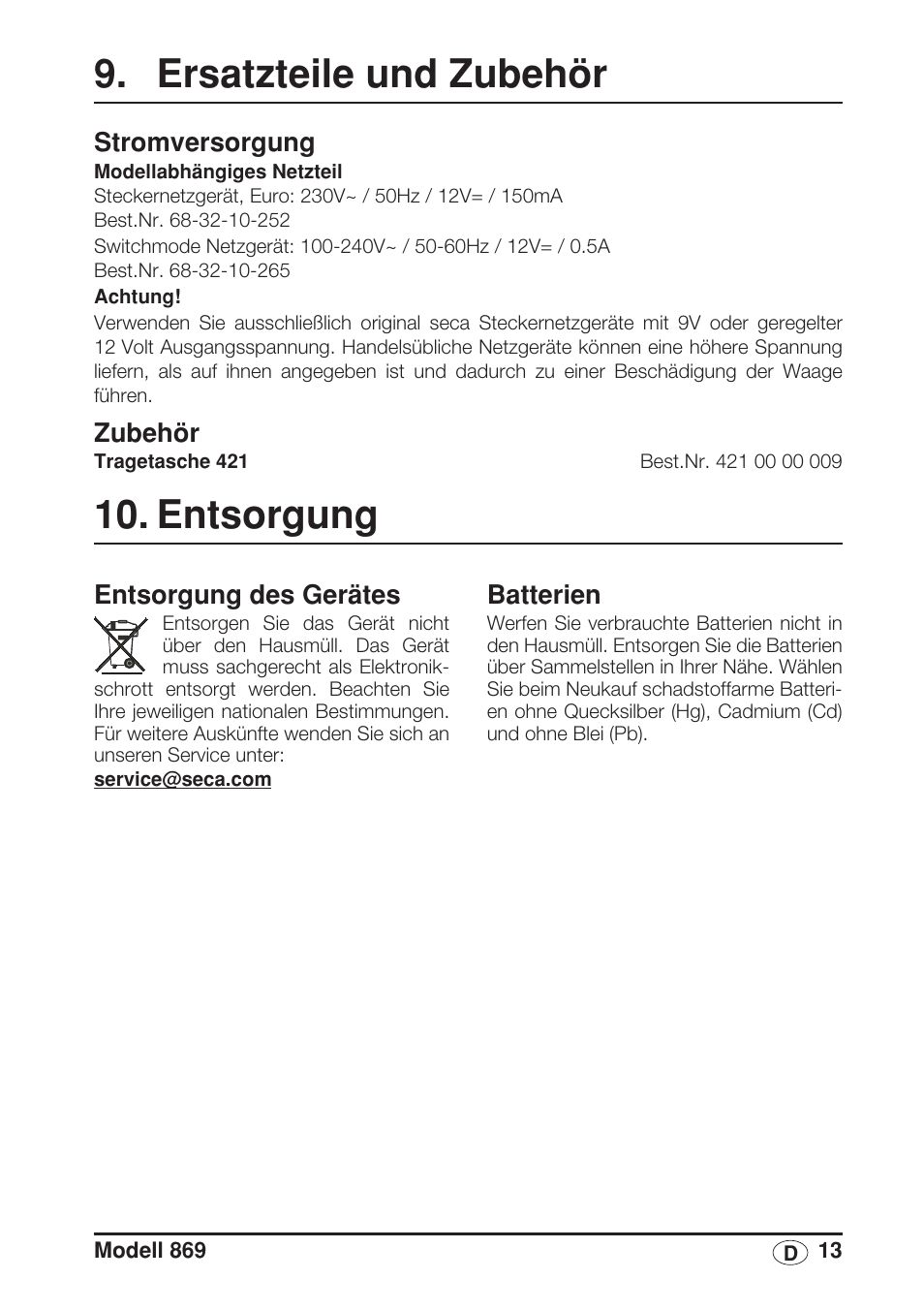 Ersatzteile und zubehör, Stromversorgung, Zubehör | Entsorgung, Entsorgung des gerätes, Batterien | Seca 869 User Manual | Page 13 / 102
