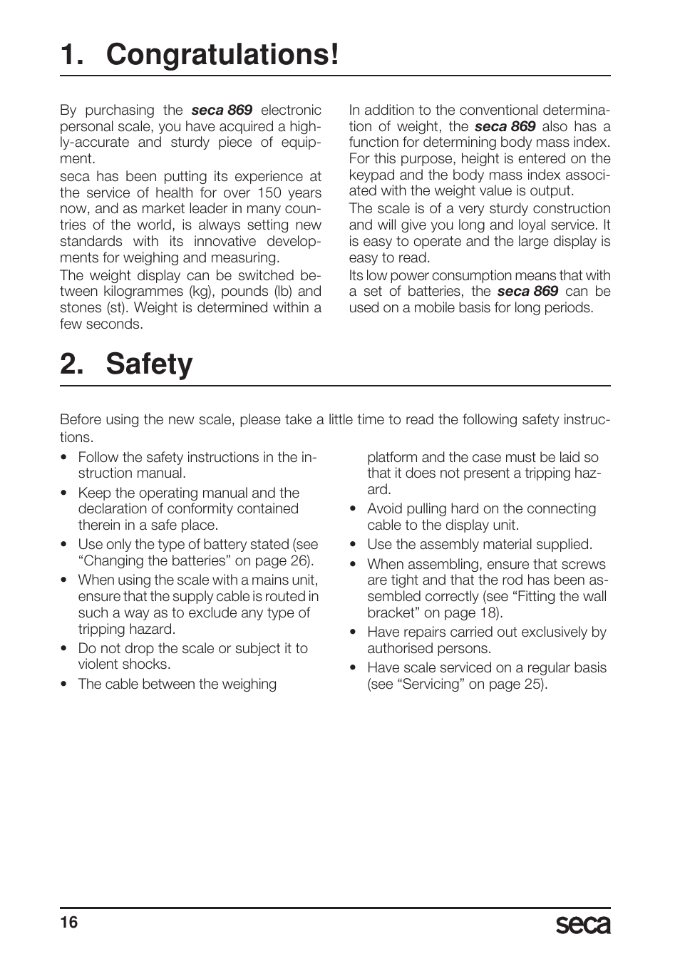 English, Congratulations, Safety | Seca 869 User Manual | Page 16 / 102