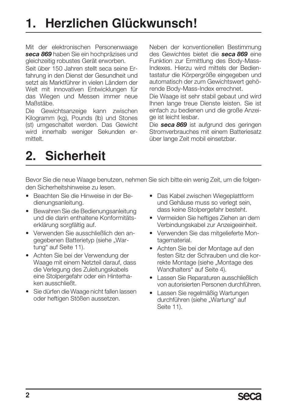 Deutsch, Herzlichen glückwunsch, Sicherheit | Seca 869 User Manual | Page 2 / 102