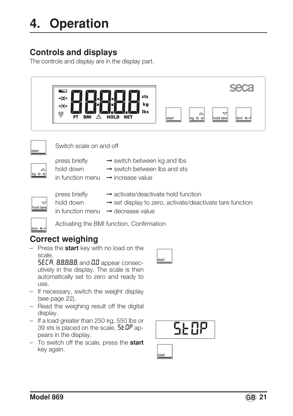Operation, Controls and displays, Correct weighing | Seca 869 User Manual | Page 21 / 102