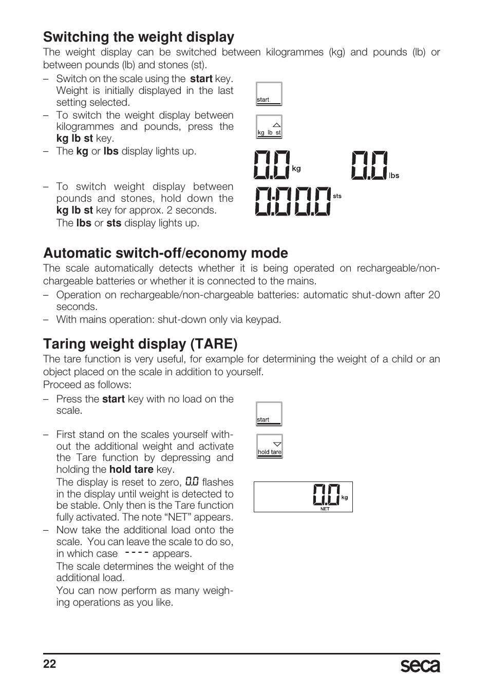 Switching the weight display, Automatic switch-off/economy mode, Taring weight display (tare) | Seca 869 User Manual | Page 22 / 102