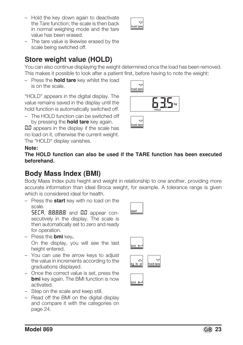 Store weight value (hold), Body mass index (bmi) | Seca 869 User Manual | Page 23 / 102