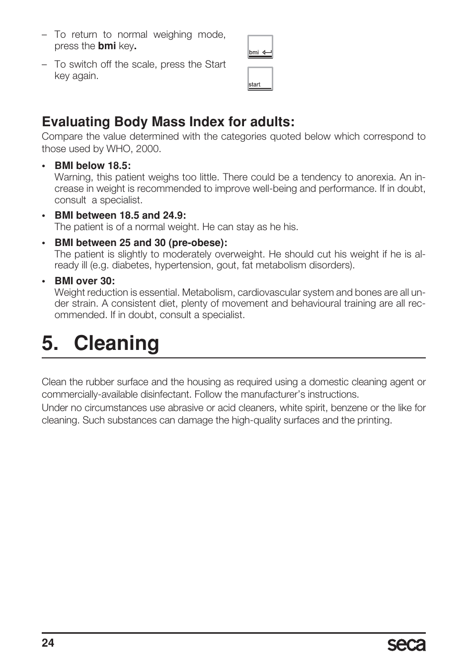 Evaluating body mass index for adults, Cleaning | Seca 869 User Manual | Page 24 / 102