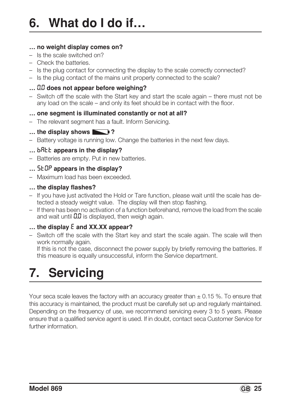 What do i do if, Servicing | Seca 869 User Manual | Page 25 / 102