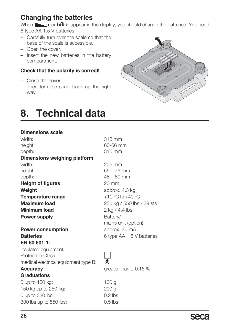 Changing the batteries, Technical data | Seca 869 User Manual | Page 26 / 102