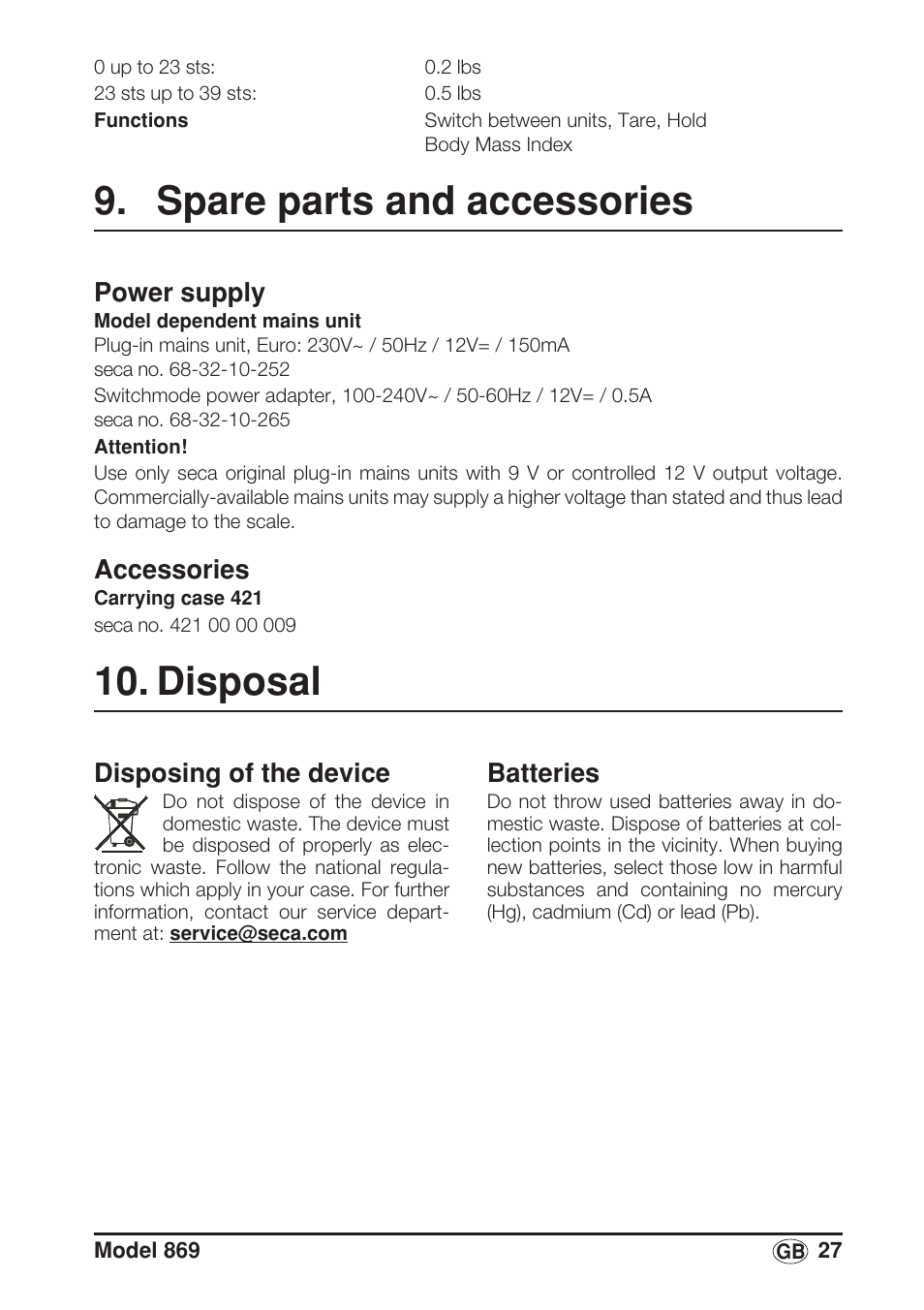 Spare parts and accessories, Power supply, Accessories | Disposal, Disposing of the device, Batteries | Seca 869 User Manual | Page 27 / 102