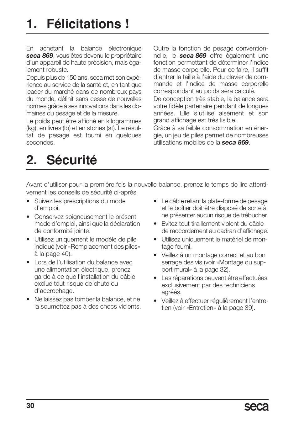 Français, Félicitations, Sécurité | Seca 869 User Manual | Page 30 / 102