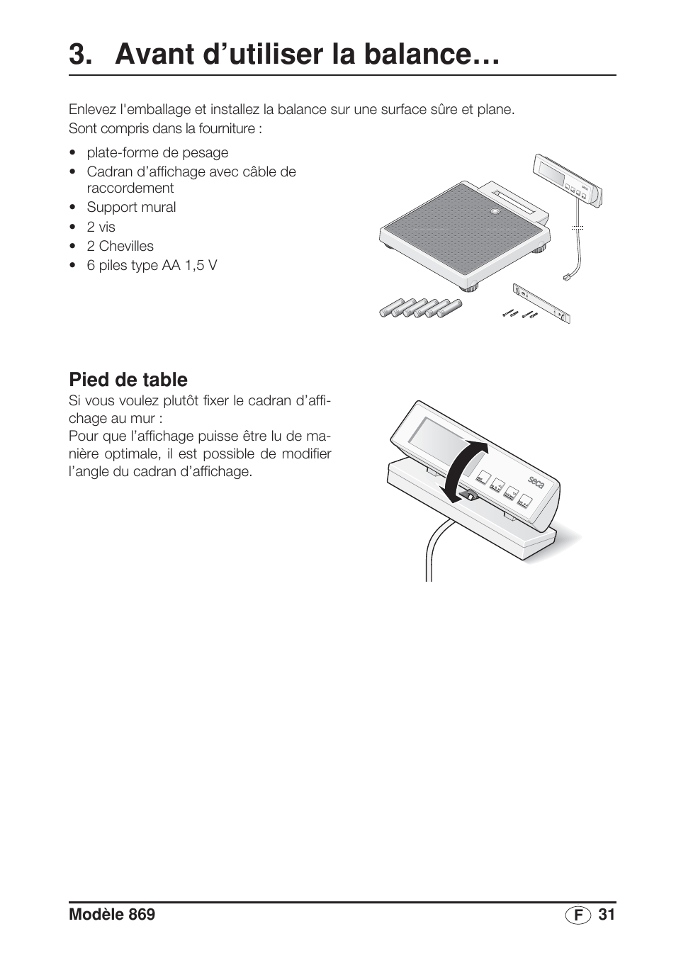 Avant d’utiliser la balance, Pied de table | Seca 869 User Manual | Page 31 / 102