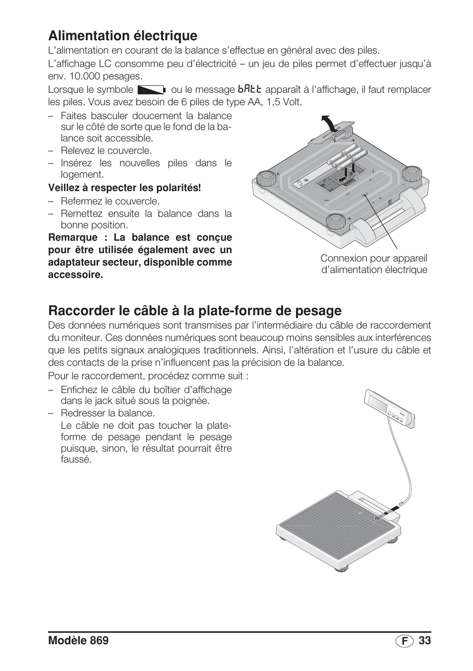 Raccorder le câble à la plate-forme de pesage, Alimentation électrique | Seca 869 User Manual | Page 33 / 102