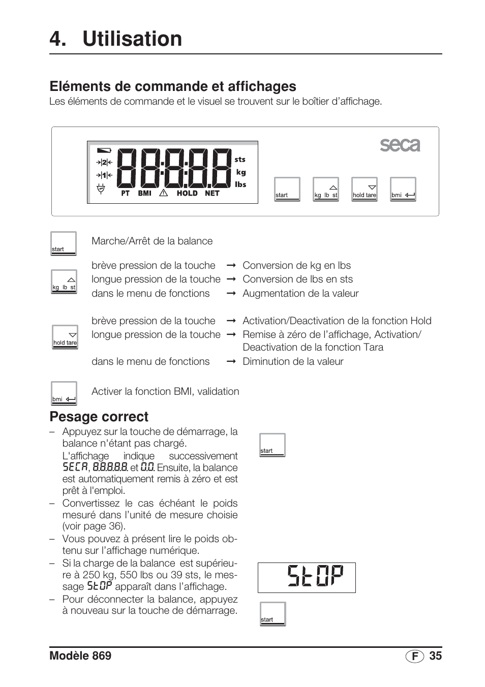 Utilisation, Eléments de commande et affichages, Pesage correct | Seca 869 User Manual | Page 35 / 102
