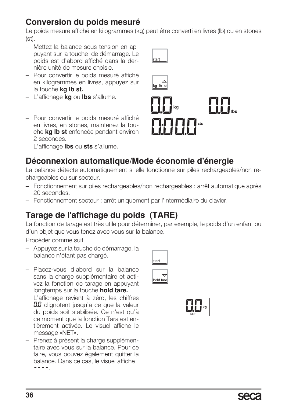 Conversion du poids mesuré, Déconnexion automatique/mode économie d'énergie, Tarage de l'affichage du poids (tare) | Seca 869 User Manual | Page 36 / 102