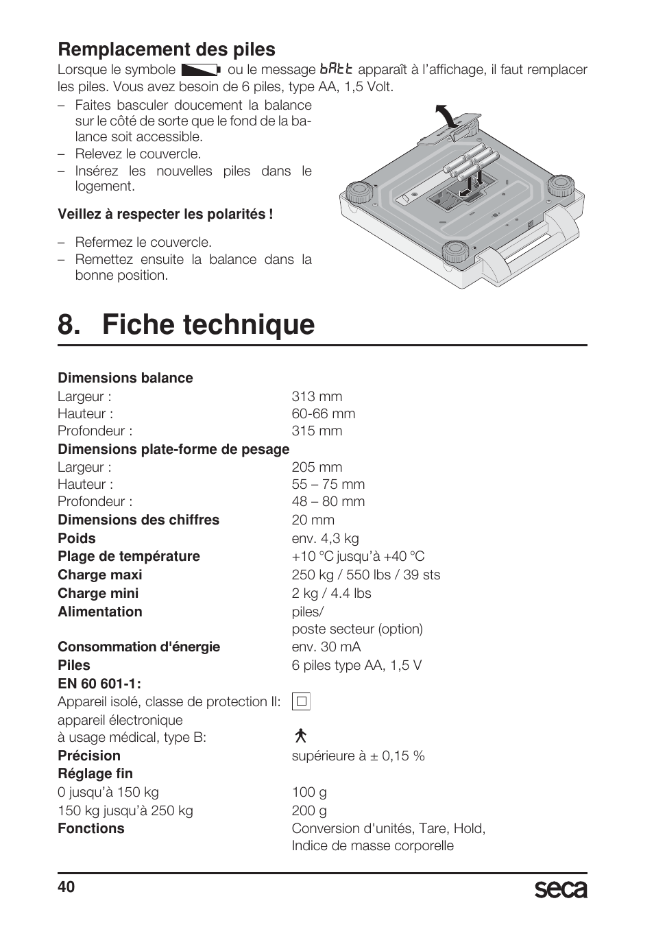 Remplacement des piles, Fiche technique | Seca 869 User Manual | Page 40 / 102