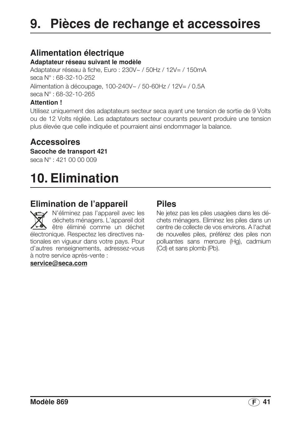 Pièces de rechange et accessoires, Alimentation électrique, Accessoires | Elimination, Elimination de l’appareil, Piles | Seca 869 User Manual | Page 41 / 102