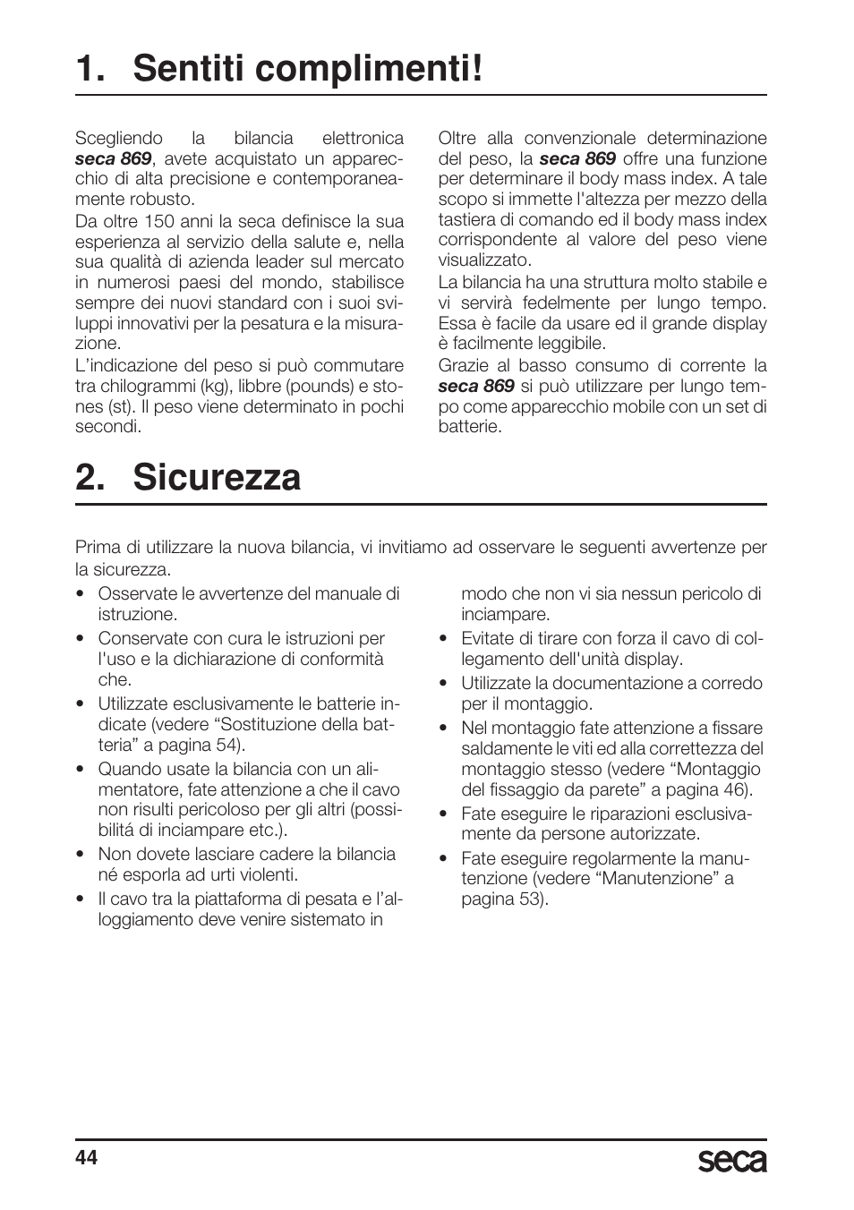 Italiano, Sentiti complimenti, Sicurezza | Seca 869 User Manual | Page 44 / 102