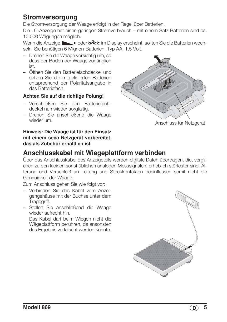 Stromversorgung, Anschlusskabel mit wiegeplattform verbinden | Seca 869 User Manual | Page 5 / 102